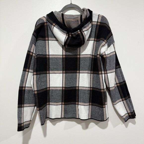 Cynthia Rowley Black Brown Beige Plaid Hooded Zipper Cozy Sweater Women Size XL - Picture 2 of 5